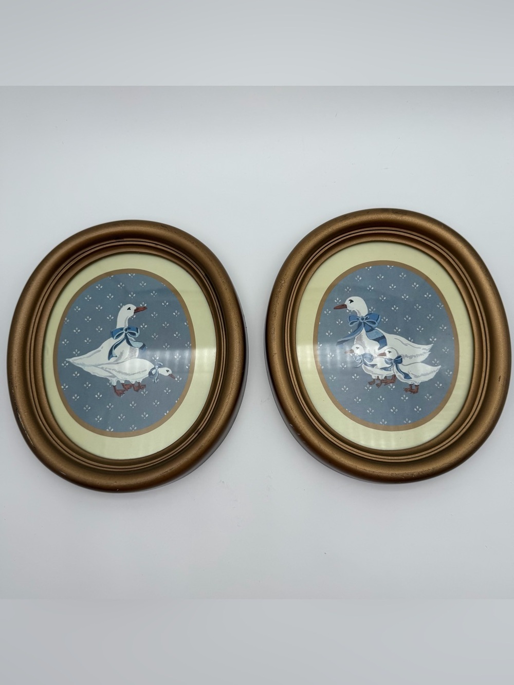 Vtg 1985 Homco Country Duck Set 2 Gold Oval Frames Goose Blue Cottagecore READ
